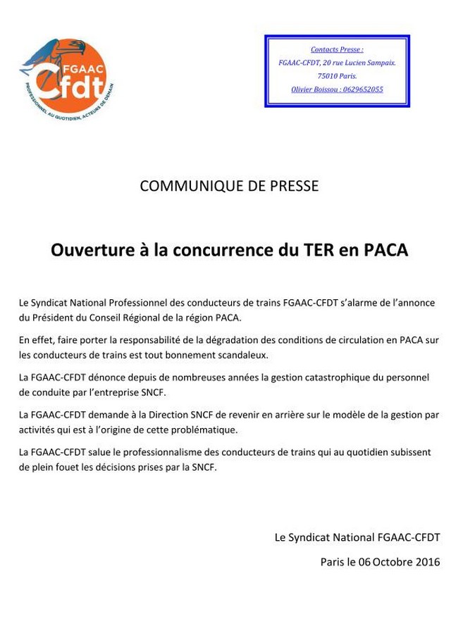Communiqué CFDT SNCF TER PACA