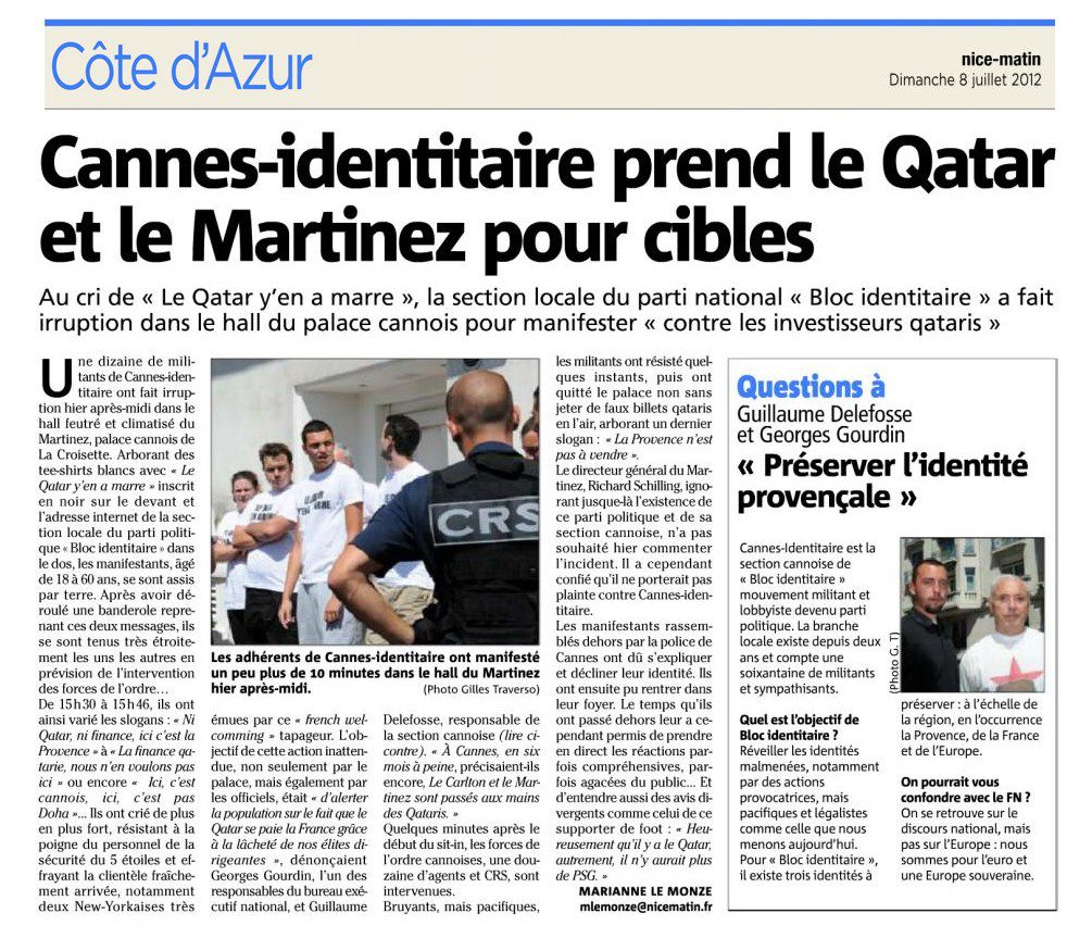 Cliquer sur l'image pour l'agrandir Nice-Matin 8 juillet 2012 occupation Martinez Cannes-Identitaire