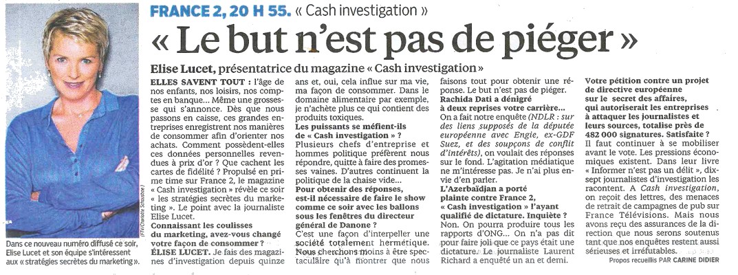 Cliquer sur l'image pour lire l'article Élise Lucet Le Parisien 21 mars 2017