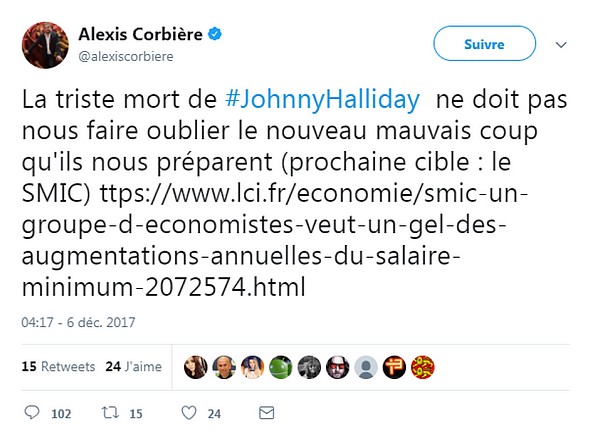 Alexis Corbière tweet Johnny Hallyday
