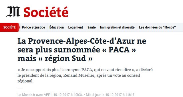 La Provence Alpes Côte d’Azur ne sera plus surnommée « PACA » mais « région Sud »
