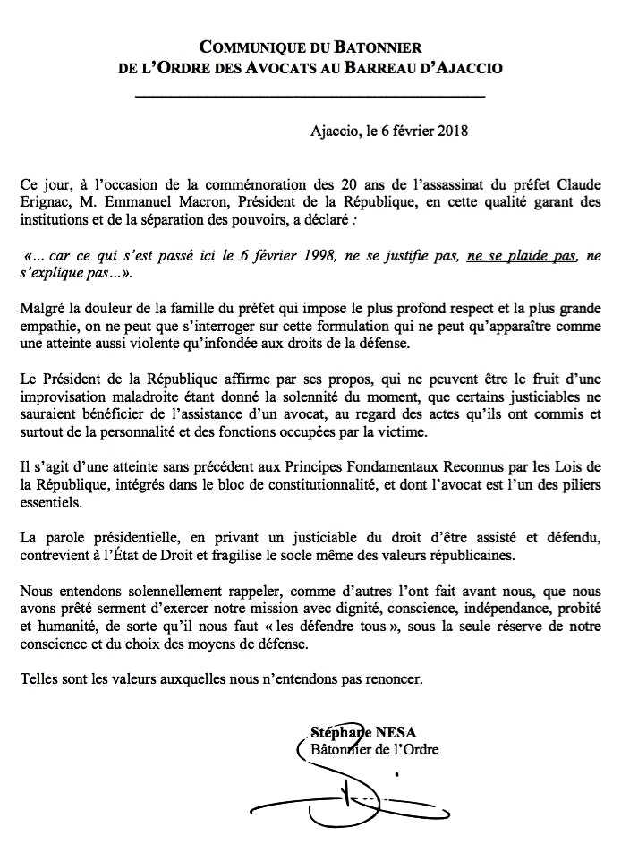 Lettre bâtonnier corse Stéphane Nesa