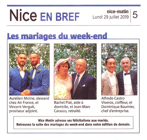 Nice Matin 29 juillet 2019 Mariages