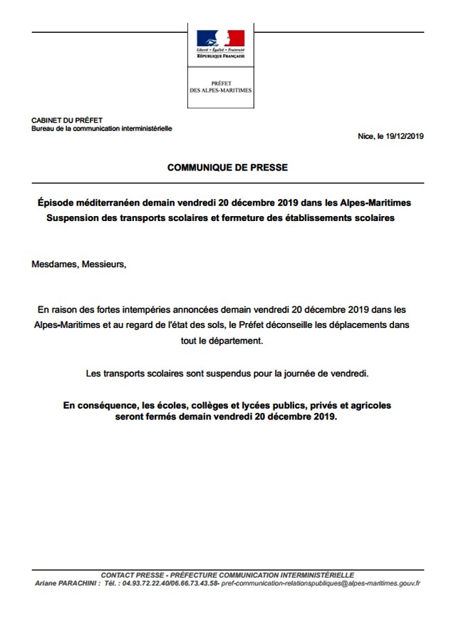 Communiqué Préfecture-Écoles fermées-20 décembre 2019