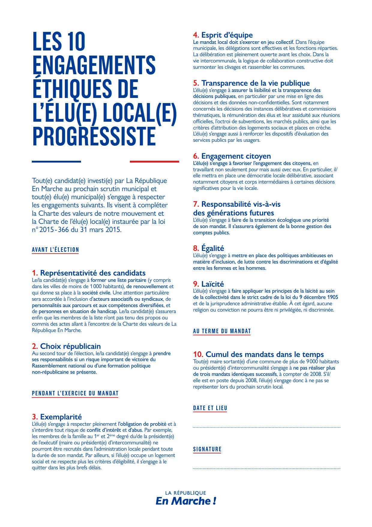 10 engagements éthiques - Élu local progressiste - LREM
