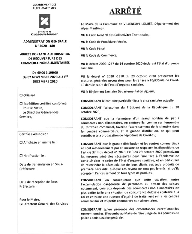 Villeneuve-Loubet - Arrêté municipal confinement