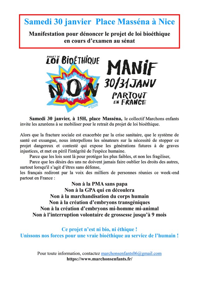 Marchons enfants Nice - 30-31-janvier 2021 - Loi bioéthique