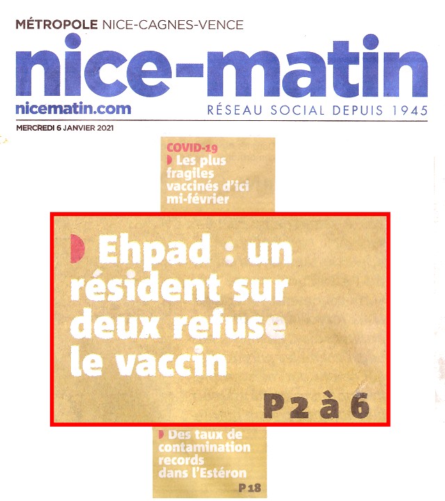 Nice-Matin - 6 janvier 2021 - vaccination Ehpad