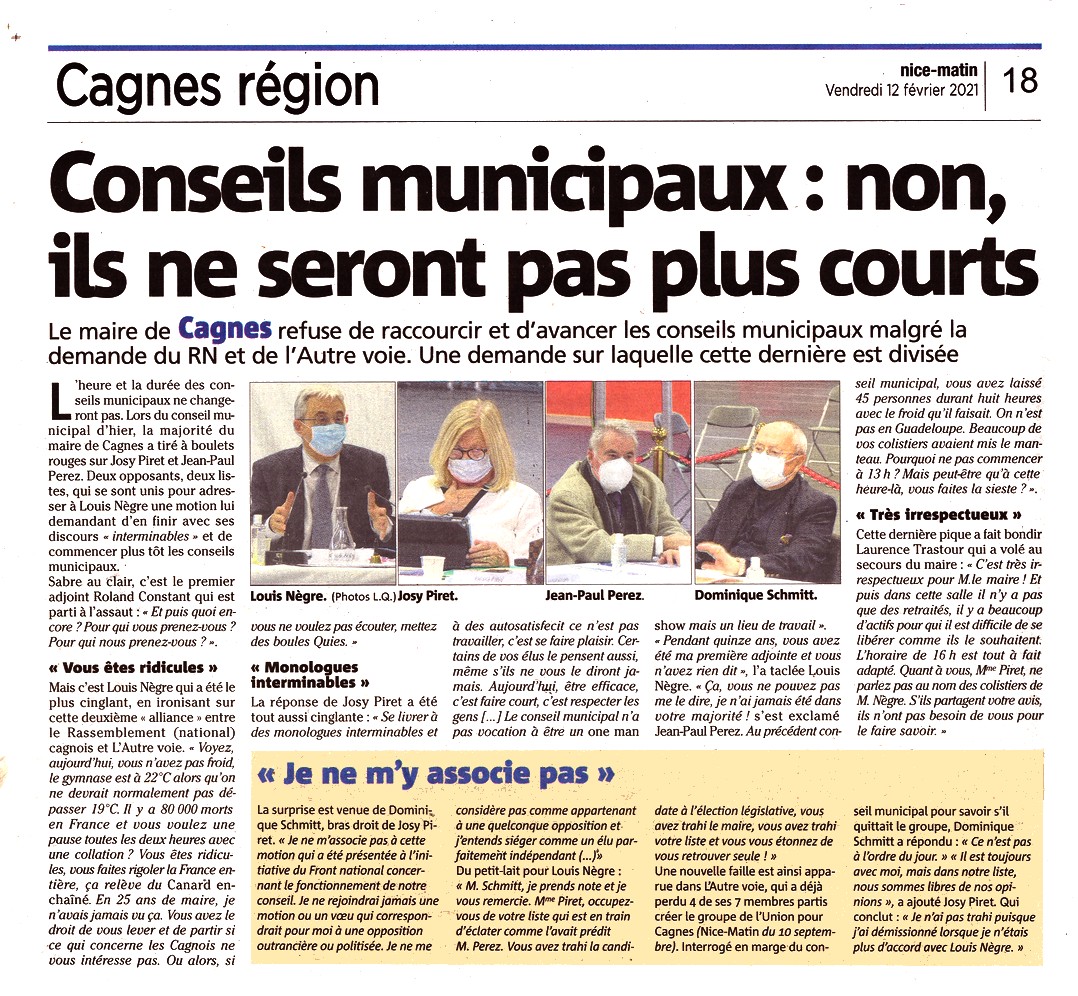 Nice-Matin - 12 février 2021 - Conseil municipal Cagnes-sur-Mer