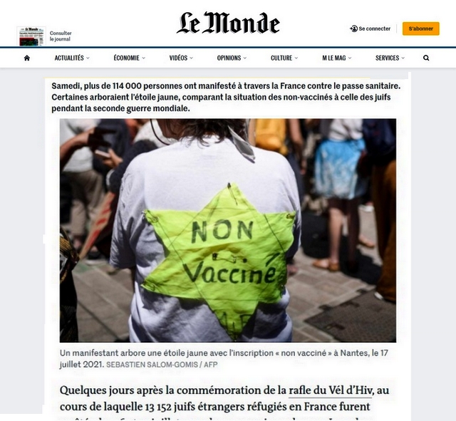 Étoile jaune - Non-vacciné _ Le Monde 19 juillet 2021